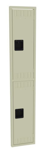 A tall, beige metal locker with two stacked compartments, each featuring a black rectangular handle and vents. The locker doors are closed and evenly aligned.