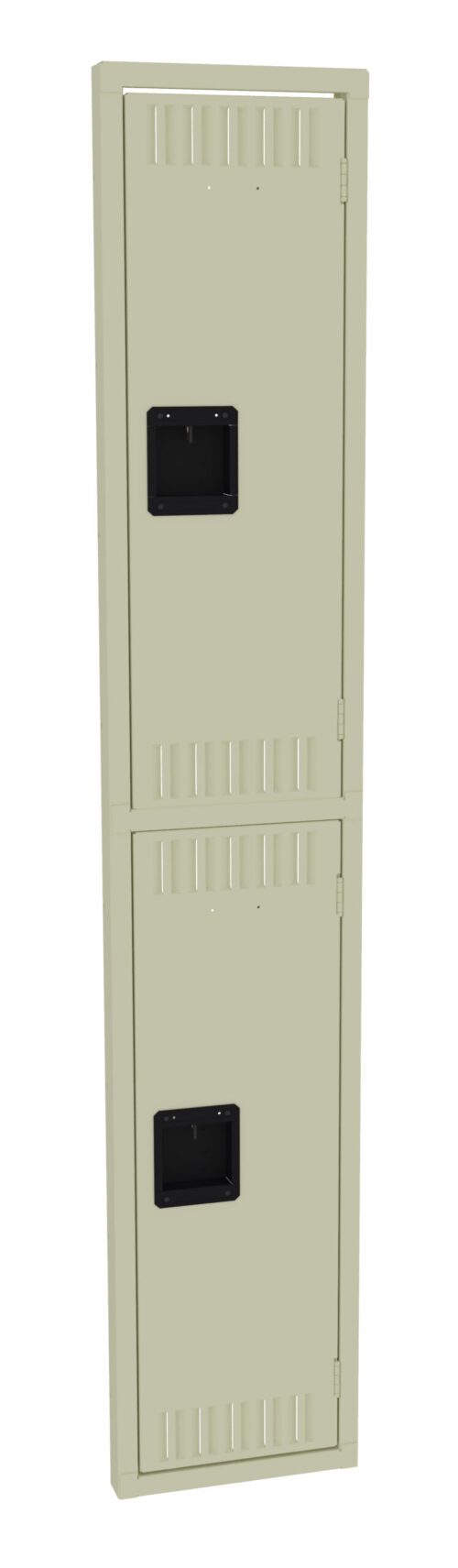 A tall, beige metal locker with two stacked compartments, each featuring a black rectangular handle and vents. The locker doors are closed and evenly aligned.