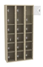A beige, three-column metal locker unit with 18 individual transparent compartments. Each compartment has a square door with a handle, and the top right compartment is open, revealing its interior.