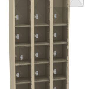 A beige, three-column metal locker unit with 18 individual transparent compartments. Each compartment has a square door with a handle, and the top right compartment is open, revealing its interior.