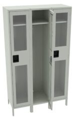 A gray metal locker with three compartments, each featuring a clear glass door. The rightmost door is ajar, showing an empty interior with a shelf and a hanging hook. Sturdy black handles adorn each door.