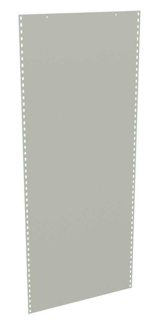 A vertical sheet of continuous feed computer paper with pinholes along the sides, used for dot matrix printers. The paper is light gray and has a blank surface.