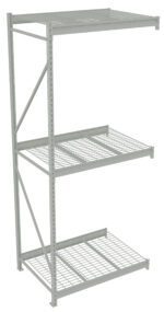 A gray metal shelving unit with three wire rack shelves, supported by vertical beams connected with diagonal braces. The unit is empty and designed for storage or industrial use.