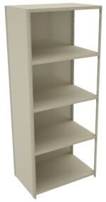 A tall, beige metal shelving unit with five shelves. It has perforated sides for adjustable shelf placement. The design is simple and functional, ideal for storage in an office, garage, or workshop.