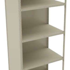 A tall, beige metal shelving unit with five shelves. It has perforated sides for adjustable shelf placement. The design is simple and functional, ideal for storage in an office, garage, or workshop.