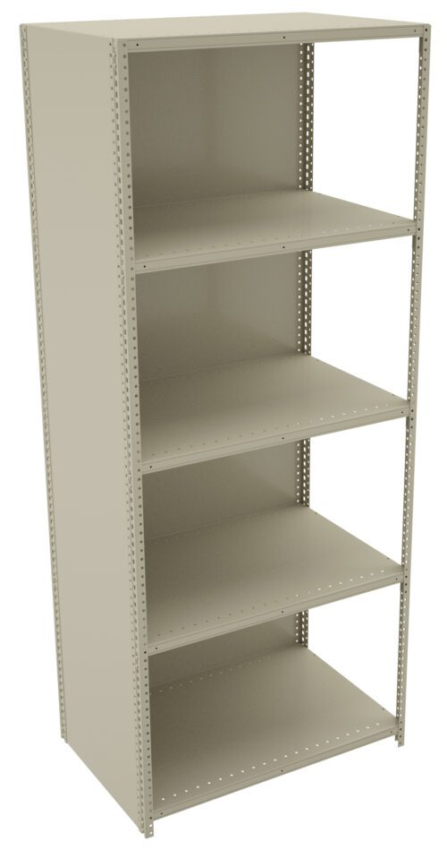 A tall, beige metal shelving unit with five shelves. It has perforated sides for adjustable shelf placement. The design is simple and functional, ideal for storage in an office, garage, or workshop.
