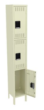 A beige, double-tier metal locker with vertical vents. The bottom door is open, and the top door is closed. Each compartment has a black rectangular handle. The locker stands on four legs.