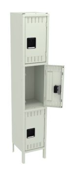 A tall, white metal locker with three compartments, each with a black handle. The middle compartments door is open, showcasing an empty interior. The locker stands on four small legs.