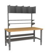 A workbench with a wooden top and gray metal frame. It features two lower shelves and a vertical back panel with six compartments for storage.