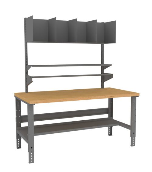 A workbench with a wooden top and gray metal frame. It features two lower shelves and a vertical back panel with six compartments for storage.