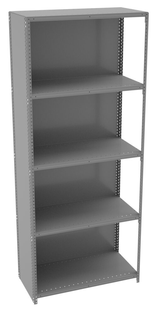 vhn0axndhvudy1lvubot.jpg A tall, five-shelf metal storage unit with adjustable shelves. The unit is gray and empty, standing against a plain background.