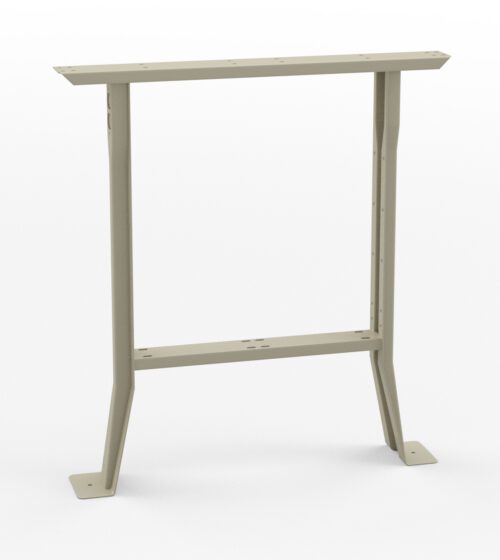 vhnkzo7jrt06vp3gwcvh.jpg A beige metal table frame with two legs and a rectangular shape, standing on a white background. The structure appears sturdy, with flat base plates at the bottom of each leg for stability.