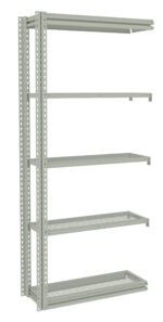 A tall, grey metal shelving unit with five perforated shelves evenly spaced. The frame features a series of holes for adjustable shelf placement. The structure appears industrial and sturdy, suitable for storage or organizational purposes.