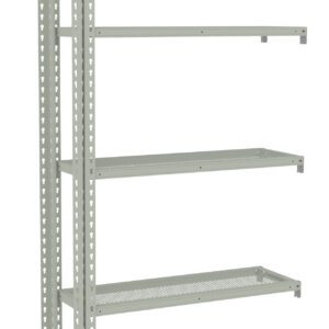 A tall, grey metal shelving unit with five perforated shelves evenly spaced. The frame features a series of holes for adjustable shelf placement. The structure appears industrial and sturdy, suitable for storage or organizational purposes.