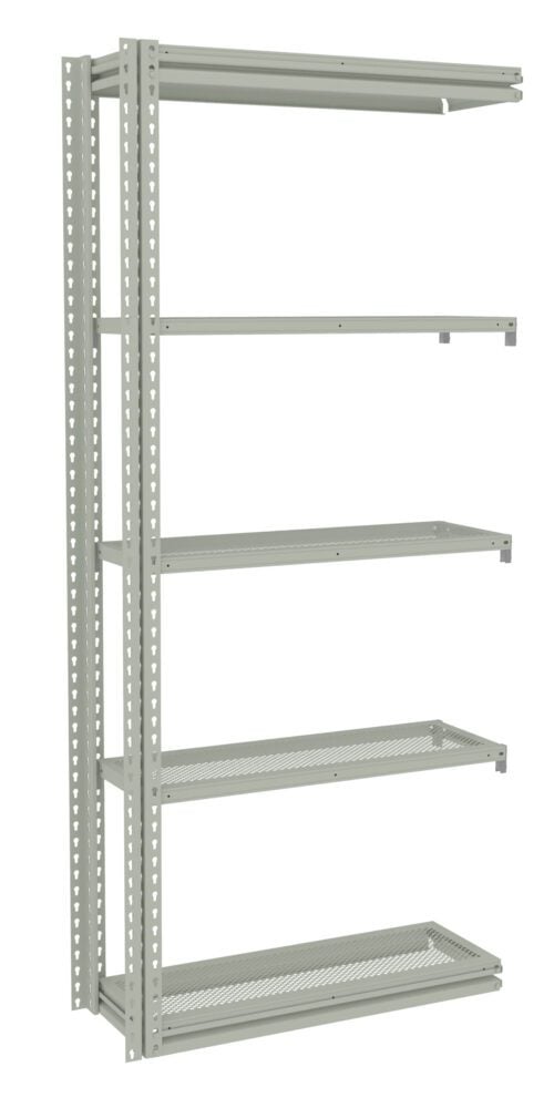 A tall, grey metal shelving unit with five perforated shelves evenly spaced. The frame features a series of holes for adjustable shelf placement. The structure appears industrial and sturdy, suitable for storage or organizational purposes.