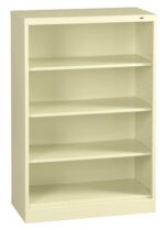 A beige, metal bookcase with four shelves, each evenly spaced and empty. The bookcase stands against a plain white background, showcasing its simple and minimalist design. The shelves have adjustable slots on the sides.