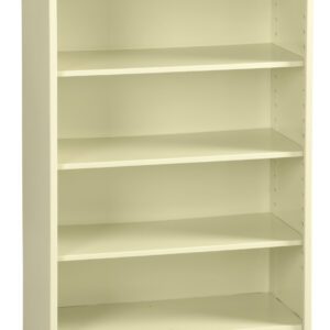 A beige, metal bookcase with four shelves, each evenly spaced and empty. The bookcase stands against a plain white background, showcasing its simple and minimalist design. The shelves have adjustable slots on the sides.