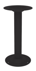 A black pedestal table base with a cylindrical stem and circular top and bottom plates. The bottom plate has three screw holes for mounting. The design is sleek and minimalistic.