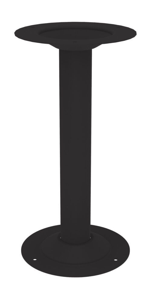 A black pedestal table base with a cylindrical stem and circular top and bottom plates. The bottom plate has three screw holes for mounting. The design is sleek and minimalistic.