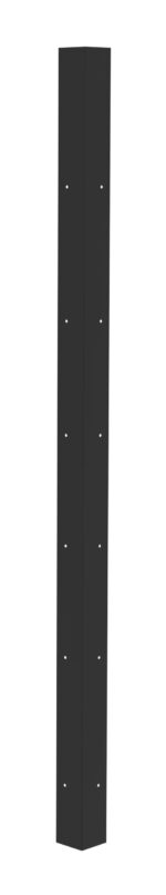 A tall, narrow, black metal post with a rectangular cross-section and several evenly spaced holes along its length, designed for structural support or mounting purposes, isolated on a white background.