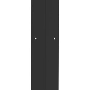A tall, narrow, black metal post with a rectangular cross-section and several evenly spaced holes along its length, designed for structural support or mounting purposes, isolated on a white background.
