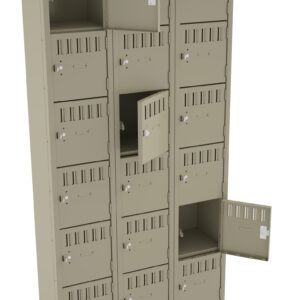 A metal storage unit with multiple small beige lockers arranged in three columns. Several lockers have their doors open, while most remain closed and securely latched.
