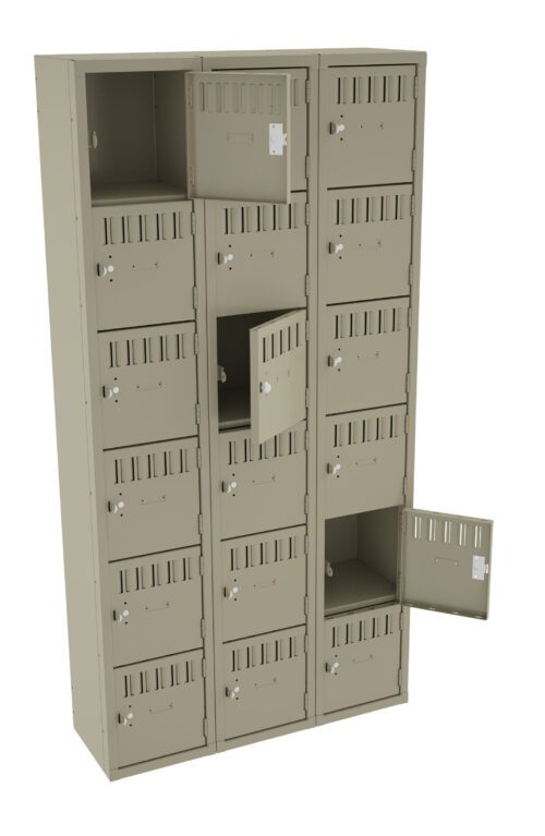 vissmww7yeptjdr6fgte.jpg A metal storage unit with multiple small beige lockers arranged in three columns. Several lockers have their doors open, while most remain closed and securely latched.