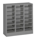 A gray, multi-compartment metal storage cabinet with three columns and four rows of open shelves, designed for organizing items.