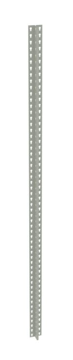 A vertical metal strip with a V-shaped cross-section, featuring evenly spaced triangular perforations along its length, set against a white background.