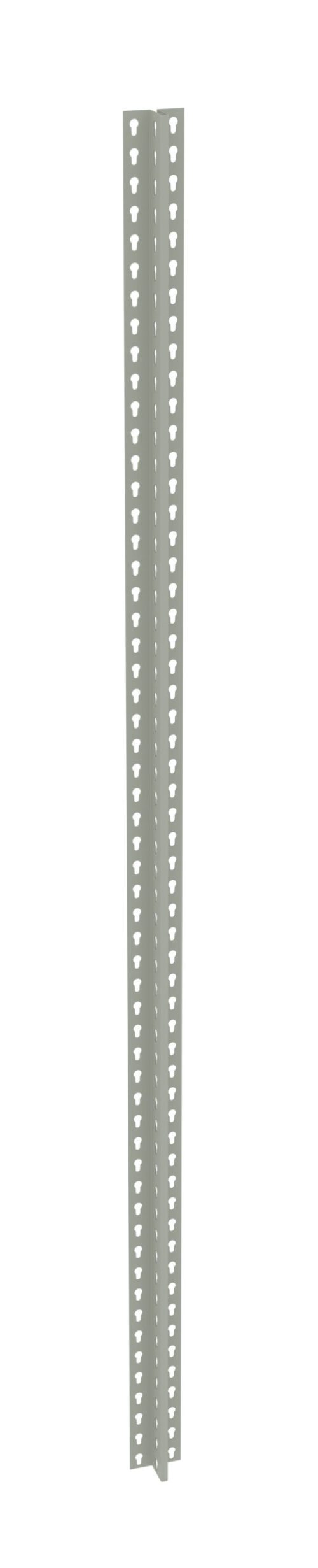 A vertical metal strip with a V-shaped cross-section, featuring evenly spaced triangular perforations along its length, set against a white background.