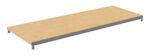 A rectangular wooden shelf with a gray metal frame.