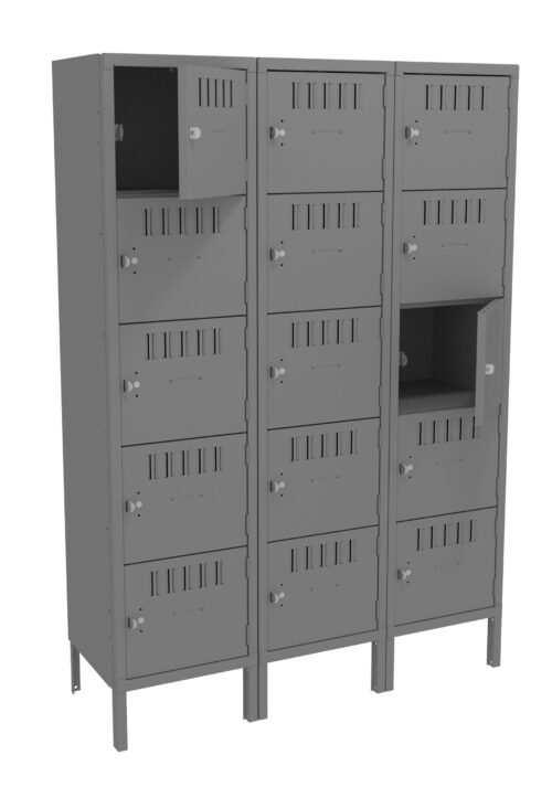 Three gray metal locker units, each with four compartments stacked vertically. Some doors are ajar, showing lock mechanisms inside. The lockers have small ventilation slits. The units stand on four legs each.