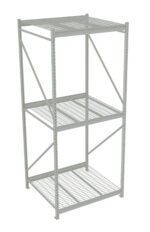 A tall, metal shelving unit with three levels. Each shelf is made of wire mesh, and the frame consists of vertical supports and diagonal bracing for stability. The unit is empty, and the structure is a light gray color.