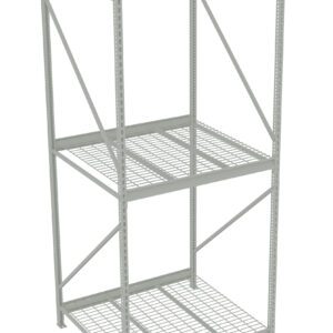 A tall, metal shelving unit with three levels. Each shelf is made of wire mesh, and the frame consists of vertical supports and diagonal bracing for stability. The unit is empty, and the structure is a light gray color.