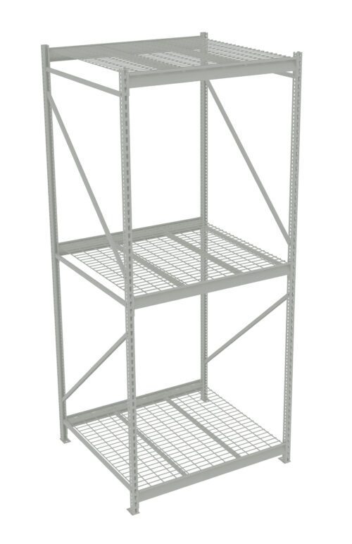 A tall, metal shelving unit with three levels. Each shelf is made of wire mesh, and the frame consists of vertical supports and diagonal bracing for stability. The unit is empty, and the structure is a light gray color.