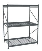 A gray steel storage rack with three spacious shelves. The top and middle shelves have solid surfaces, while the bottom shelf has a wire mesh design. The rack is supported by four sturdy vertical posts and diagonal braces for added stability.