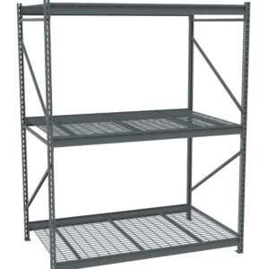 A gray steel storage rack with three spacious shelves. The top and middle shelves have solid surfaces, while the bottom shelf has a wire mesh design. The rack is supported by four sturdy vertical posts and diagonal braces for added stability.
