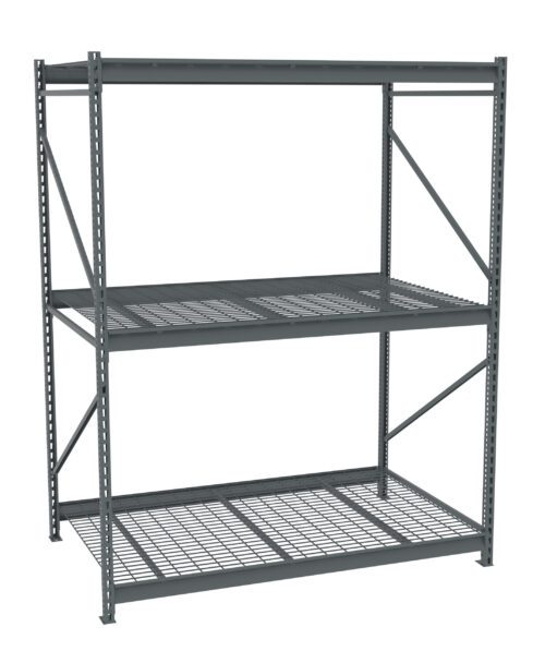 A gray steel storage rack with three spacious shelves. The top and middle shelves have solid surfaces, while the bottom shelf has a wire mesh design. The rack is supported by four sturdy vertical posts and diagonal braces for added stability.