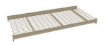 A beige metal shelving panel with a grid design, featuring a flat rectangular frame and wire mesh surface. It appears sturdy and is designed for use in storage or shelving units.