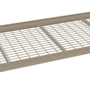 A beige metal shelving panel with a grid design, featuring a flat rectangular frame and wire mesh surface. It appears sturdy and is designed for use in storage or shelving units.