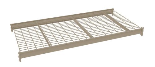 A beige metal shelving panel with a grid design, featuring a flat rectangular frame and wire mesh surface. It appears sturdy and is designed for use in storage or shelving units.