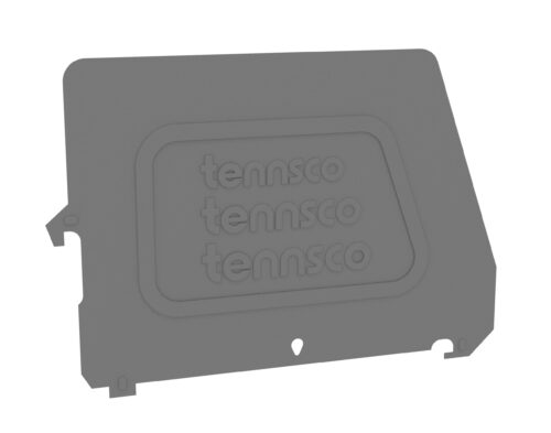 A rectangular gray metal panel with the word tennsco embossed three times in a stacked design. The panel has cut-out notches at the corners and a central hole at the bottom.