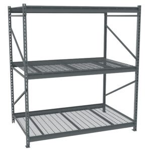 Industrial metal shelving unit with three levels, featuring a grid design on each shelf and cross-bracing for stability. The frame is gray, constructed from steel, and suitable for heavy-duty storage.
