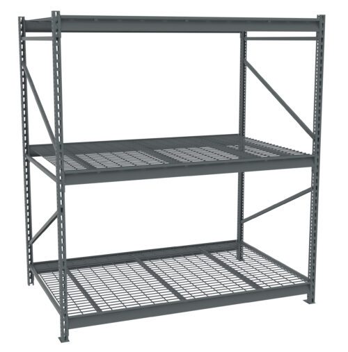 vkxtyvw9lufhxs6phv5g.jpg Industrial metal shelving unit with three levels, featuring a grid design on each shelf and cross-bracing for stability. The frame is gray, constructed from steel, and suitable for heavy-duty storage.