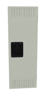 Image of a tall, rectangular, light gray metal panel with ventilation slots at the top and bottom. A black, rectangular handle is centrally positioned on the panel.