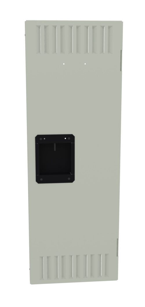 vldpcf66fbbue0cfngc3.jpg Image of a tall, rectangular, light gray metal panel with ventilation slots at the top and bottom. A black, rectangular handle is centrally positioned on the panel.
