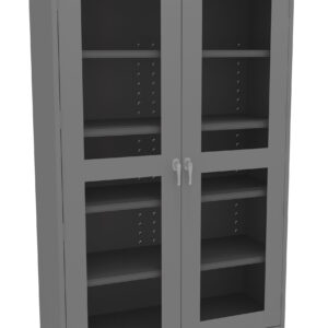 A gray metal storage cabinet with two glass-front doors, each featuring two handles. Inside, there are multiple adjustable shelves. The cabinet is empty and has a simple, modern design.