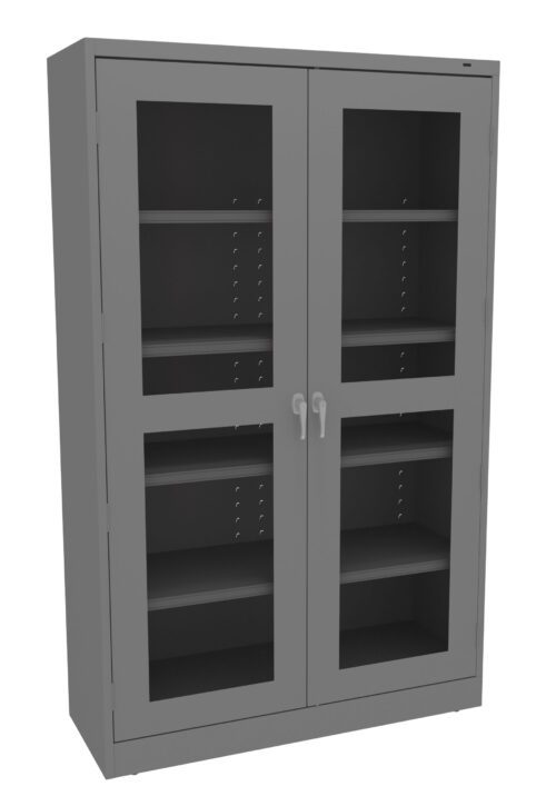 vlsldmiy3n1wrckdxaki.jpg A gray metal storage cabinet with two glass-front doors, each featuring two handles. Inside, there are multiple adjustable shelves. The cabinet is empty and has a simple, modern design.