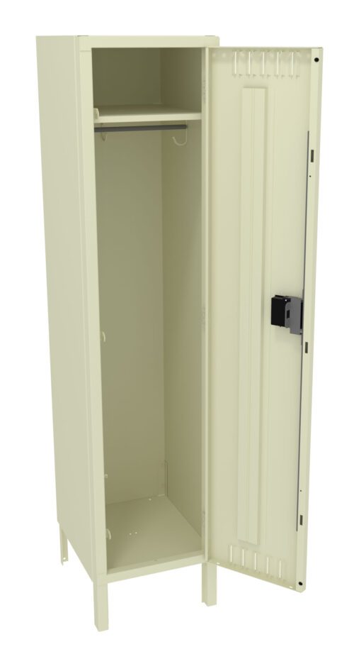A beige metal locker with a black lock is open, revealing an empty interior with a hanging rod at the top. The locker stands on four small legs.