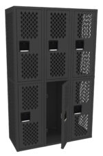 A black metal locker unit with six compartments, each featuring a diamond-shaped ventilation pattern. One lower door is open, revealing the inside. Each door has a slot and handle. The locker is positioned against a white background.